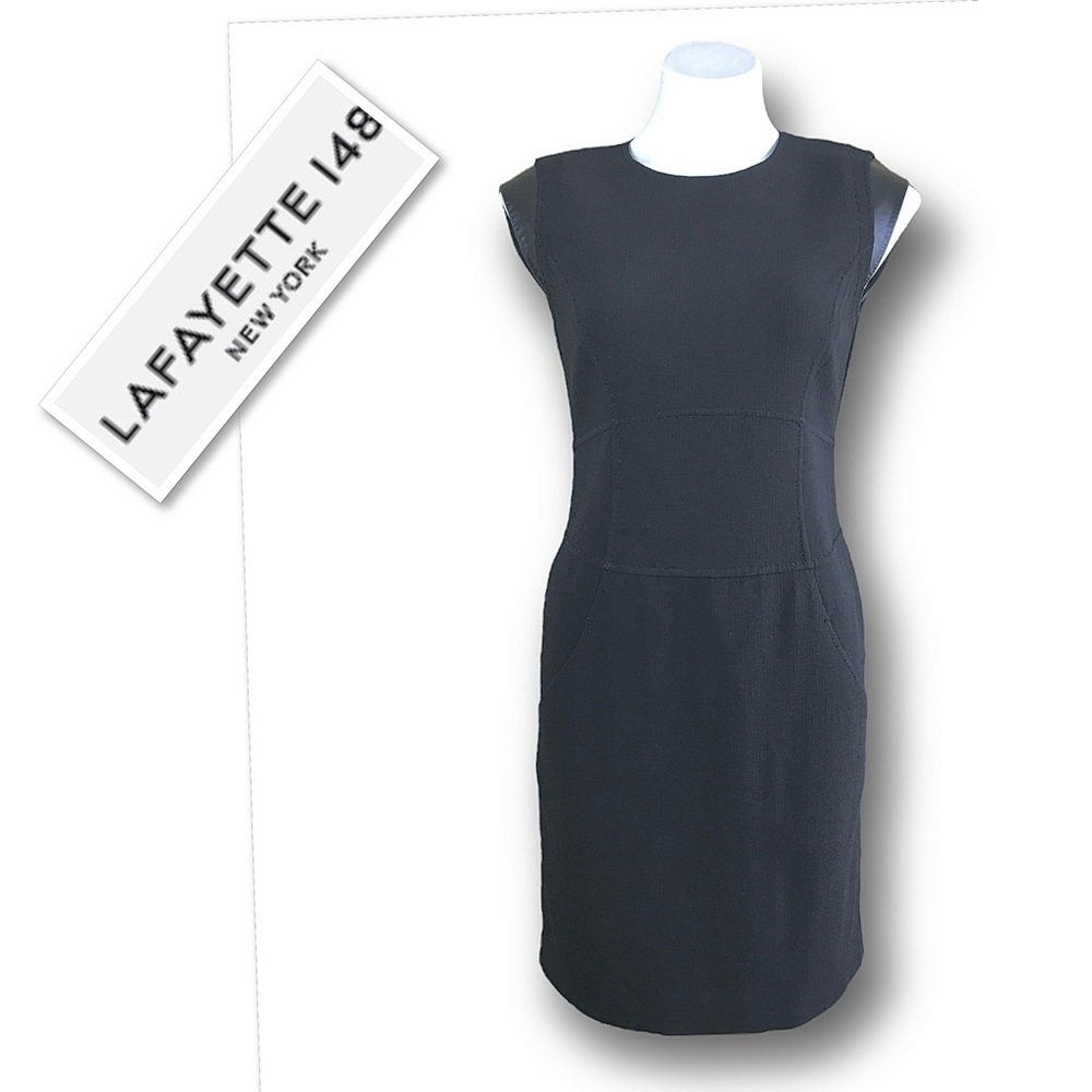 Lafayette 148 New York Leather Trim Stretch Virgin Wool Sheath Dress Size 0